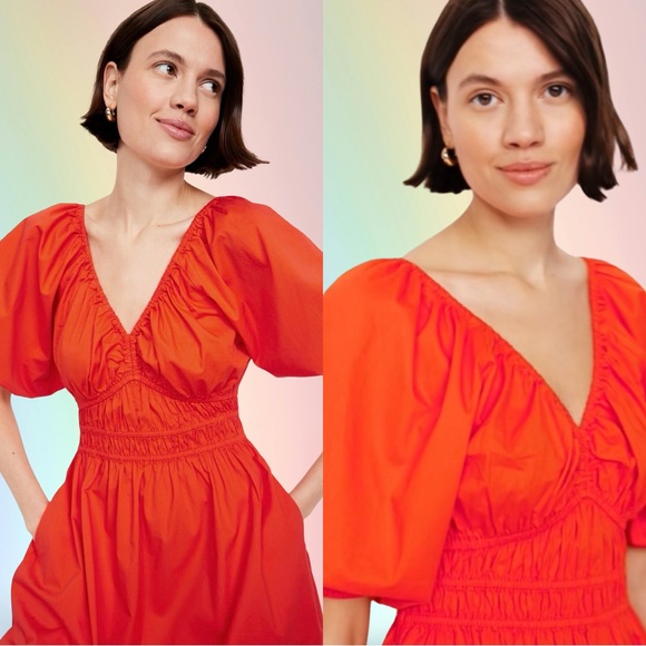 NWTS🌷GAP OLD NAVY XL🌷STUNNING POPPY PUFFED SLEEVE SMOCKED WAIST DEFINED DRESS - Picture 2 of 16